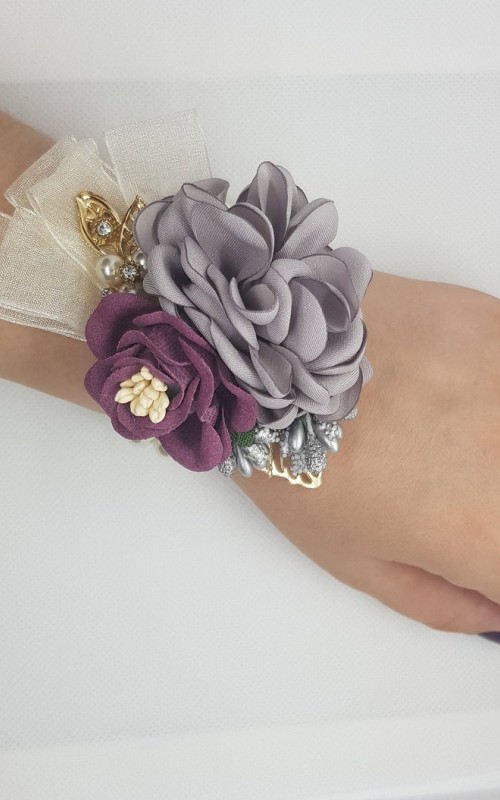 Wrist Corsage Rose Flower with Gold Leaf & Pearl Bracelet