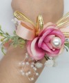 Wrist Corsage Rose Fabric Flower & Artificial Leaves with Satin Ribbon
