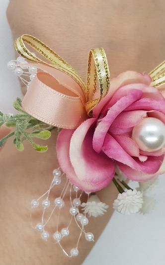 Wrist Corsage Rose Fabric Flower & Artificial Leaves with Satin Ribbon