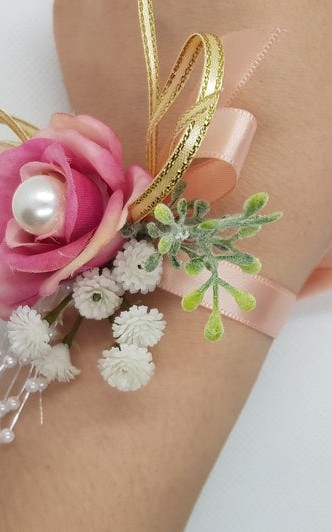Wrist Corsage Rose Fabric Flower & Artificial Leaves with Satin Ribbon