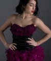 Virginia short black duchess satin cocktail dress with sweetheart neckline and purple plum feathers