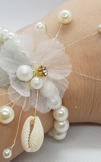 Wrist Corsage Green Leaf Rhinestone Flower with Pearl Bracelet