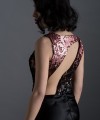 Valentine mermaid evening gown with rose-copper to black ombré sequin bodice, open asymmetric back and black duchess satin skirt