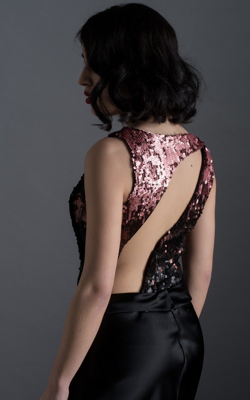 Valentine mermaid evening gown with rose-copper to black ombré sequin bodice, open asymmetric back and black duchess satin skirt