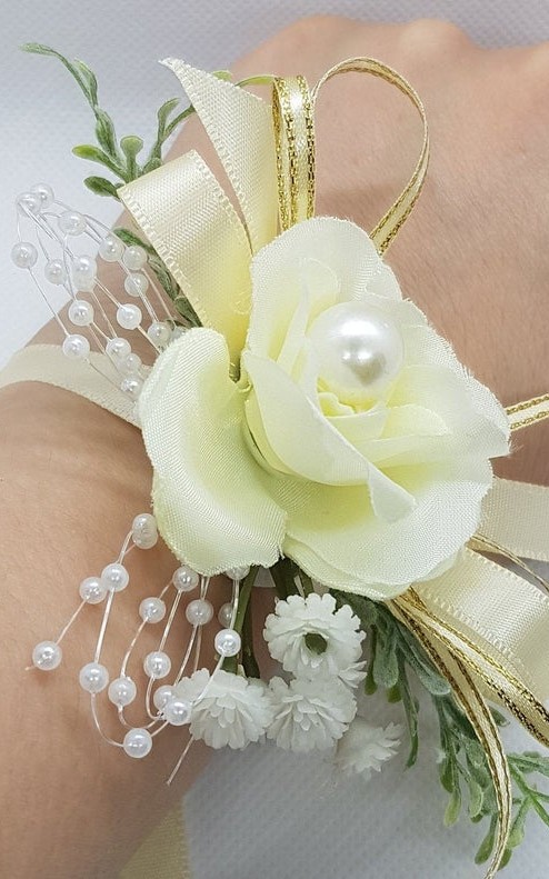 Wrist Corsage Rose Fabric Flower & Artificial Leaves with Satin Ribbon