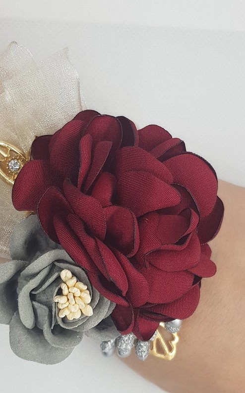 Wrist Corsage Rose Flower with Gold Leaf & Pearl Bracelet