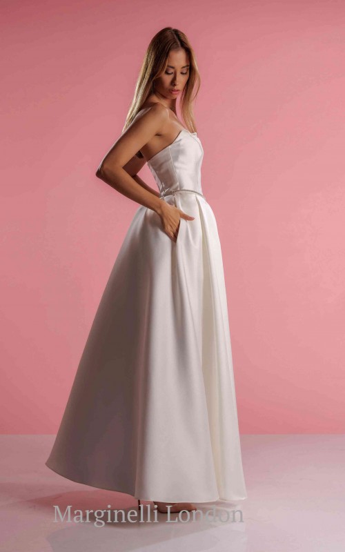 boho mikado satin wedding dress rhinestone belt pleated skirt pockets
