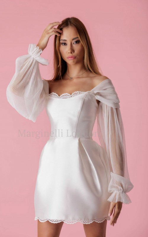 long detachable off shoulder pleated tulle wedding dress sleeves frilled cuff ivory