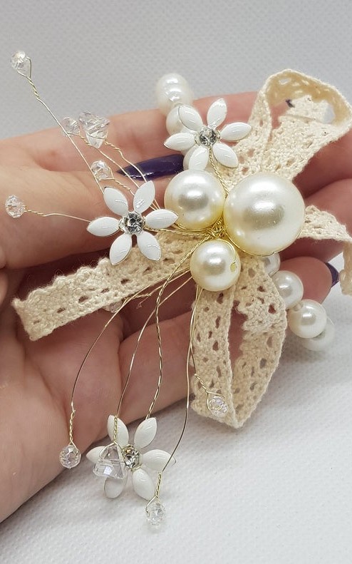 Wrist Corsage Crystal Pearl Flower with Pearl Bracelet