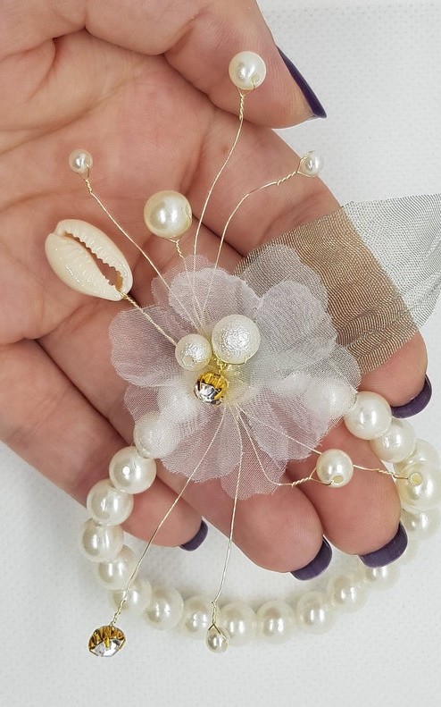 Wrist Corsage Green Leaf Rhinestone Flower with Pearl Bracelet