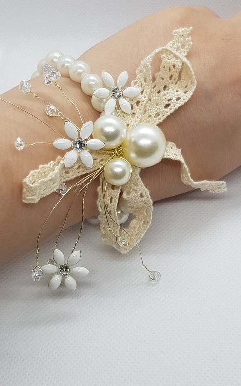 Wrist Corsage Crystal Pearl Flower with Pearl Bracelet