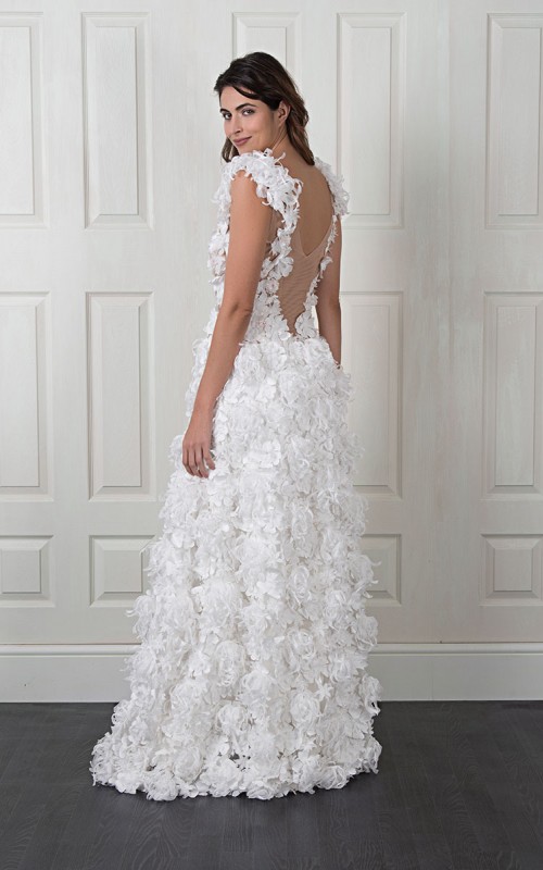 Nadia boho A-line wedding dress covered in 3D fabric flowers with a deep V nude illusion bodice