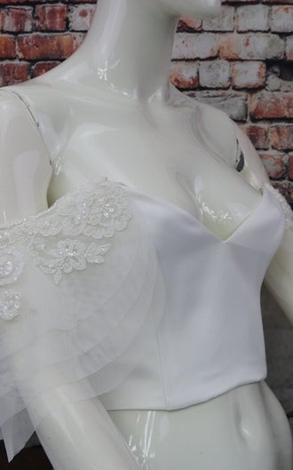 White flutter tulle detachable bridal sleeves and straps with beaded lace at the shoulder