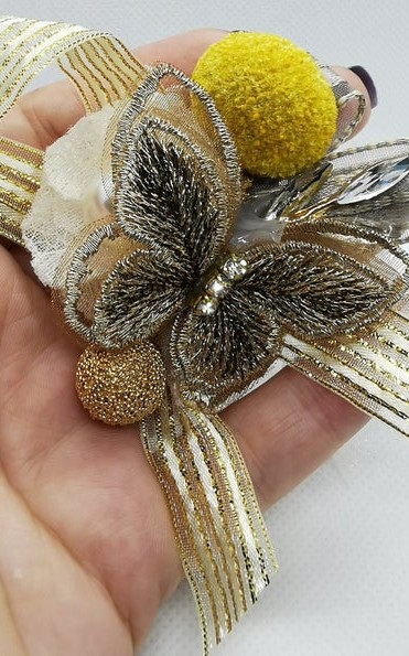 Wrist Corsage Gold 3D Lace Butterfly with Gold & Yellow Decoration