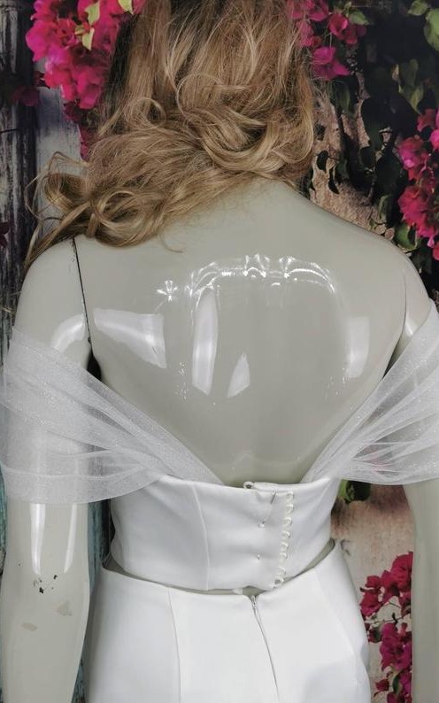 White glitter tulle off-shoulder detachable bridal straps and sleeves