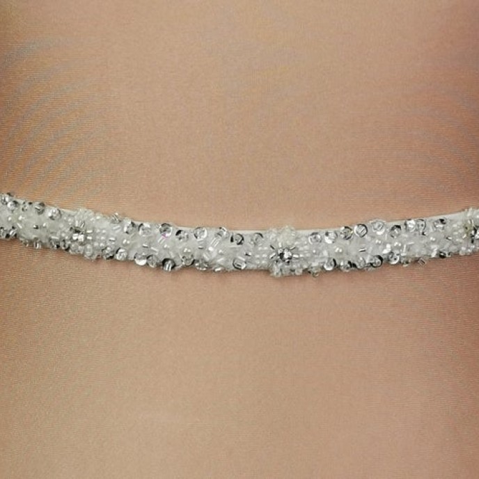 Crystals & Pearls belt, sewed by hand onto ivory satin