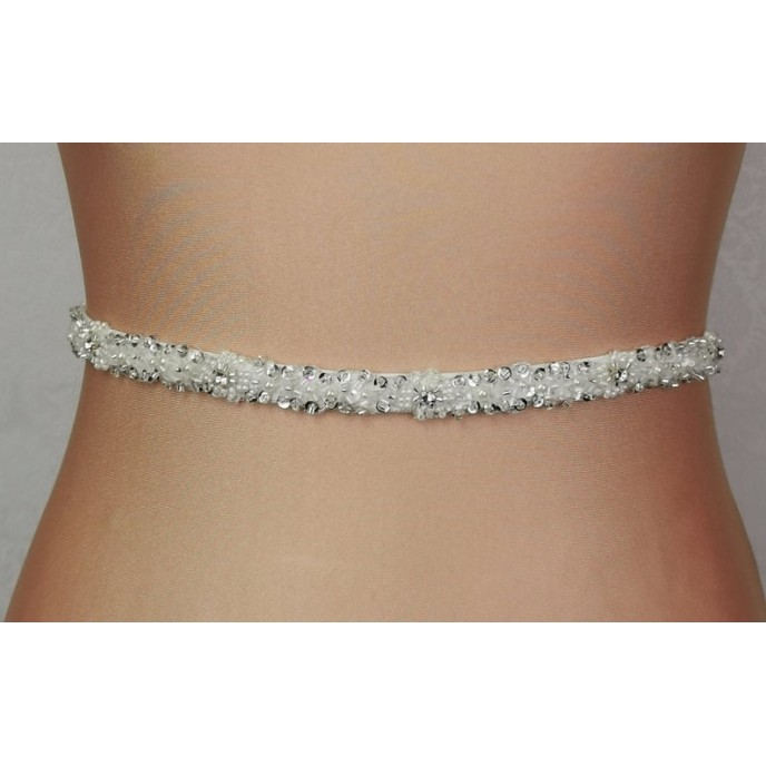 Crystals & Pearls belt, sewed by hand onto ivory satin