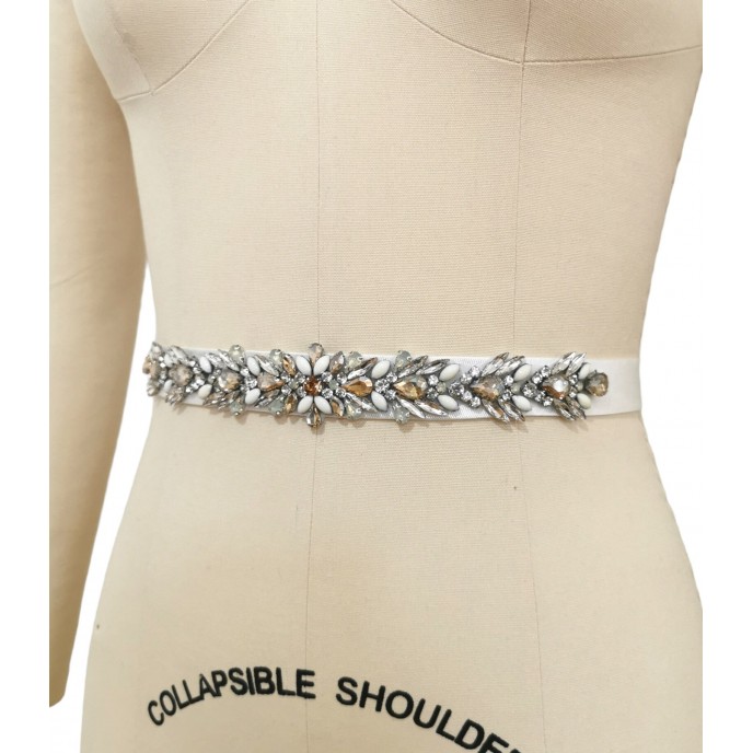 Wedding Dress Belt, Crystal and Pearls Appliqué Belt in champagne
