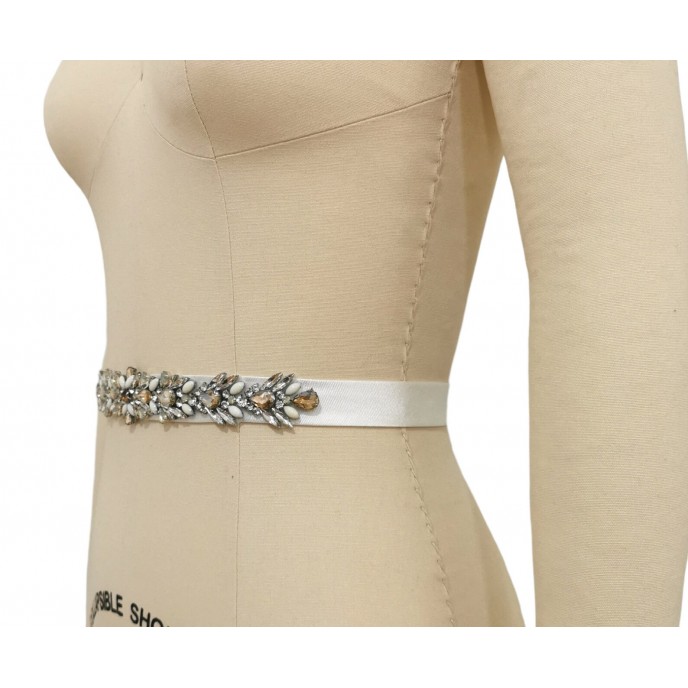 Wedding Dress Belt, Crystal and Pearls Appliqué Belt in champagne