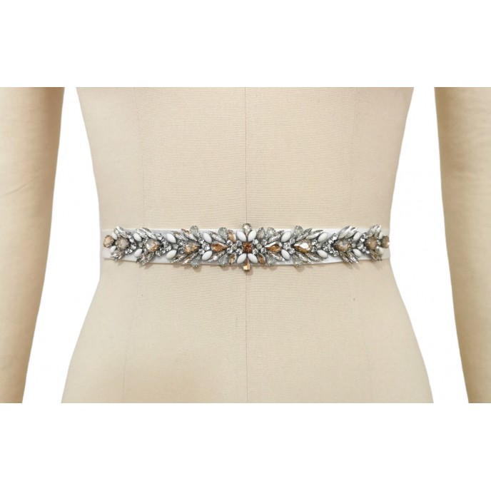 Wedding Dress Belt, Crystal and Pearls Appliqué Belt in champagne