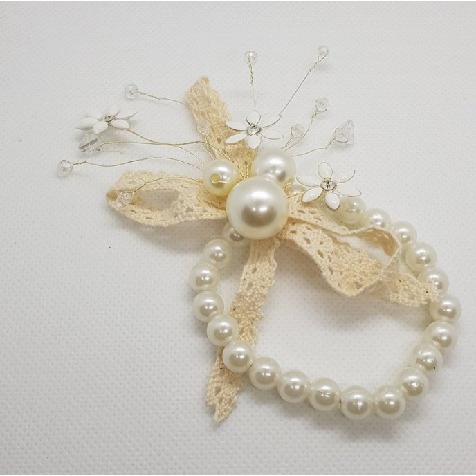 Wrist Corsage Crystal Pearl Flower with Pearl Bracelet