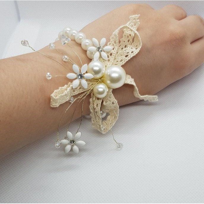 Wrist Corsage Crystal Pearl Flower with Pearl Bracelet