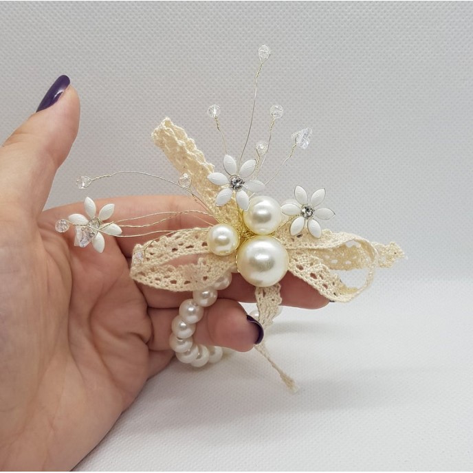 Wrist Corsage Crystal Pearl Flower with Pearl Bracelet