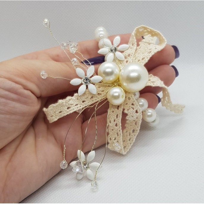 Wrist Corsage Crystal Pearl Flower with Pearl Bracelet
