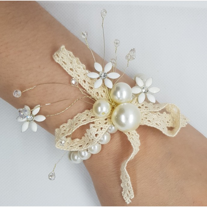 Wrist Corsage Crystal Pearl Flower with Pearl Bracelet