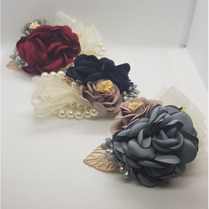 Wrist Corsage Rose Flower with Gold Leaf & Pearl Bracelet