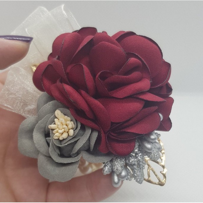 Wrist Corsage Rose Flower with Gold Leaf & Pearl Bracelet