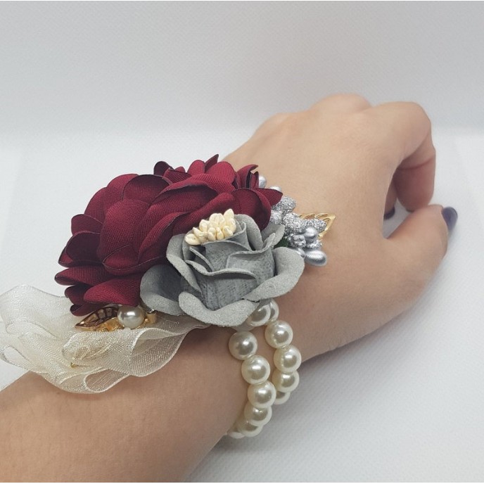 Wrist Corsage Rose Flower with Gold Leaf & Pearl Bracelet