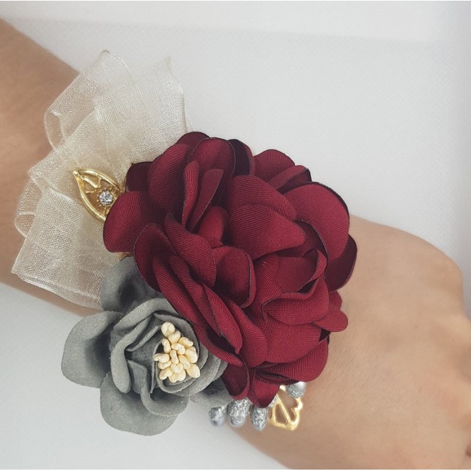 Wrist Corsage Rose Flower with Gold Leaf & Pearl Bracelet