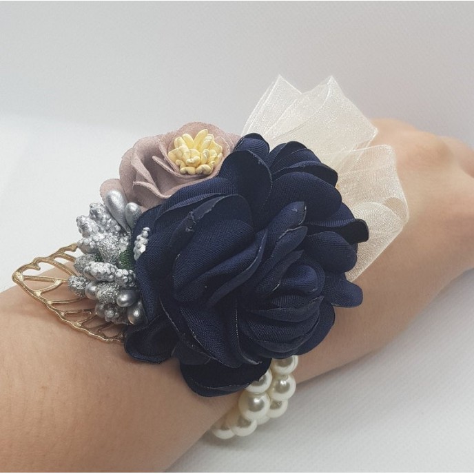 Wrist Corsage Rose Flower with Gold Leaf & Pearl Bracelet