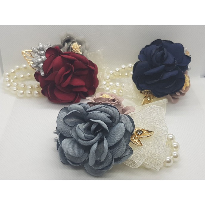 Wrist Corsage Rose Flower with Gold Leaf & Pearl Bracelet