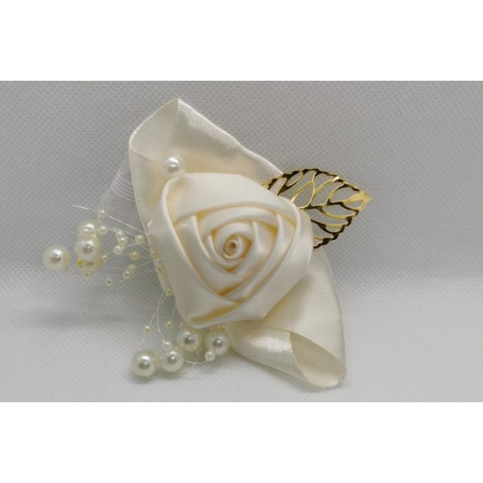 Wrist Corsage White Flower with Gold Leaf & Pearl Decoration
