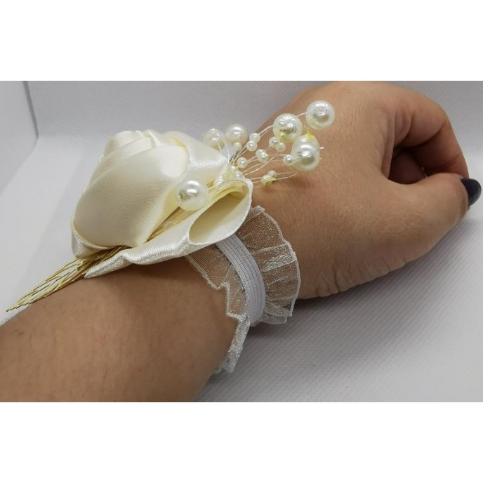 Wrist Corsage White Flower with Gold Leaf & Pearl Decoration