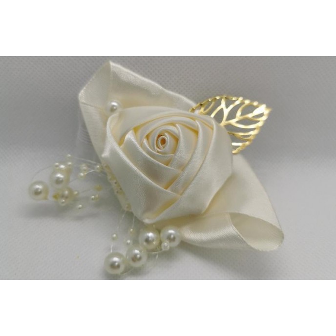 Wrist Corsage White Flower with Gold Leaf & Pearl Decoration