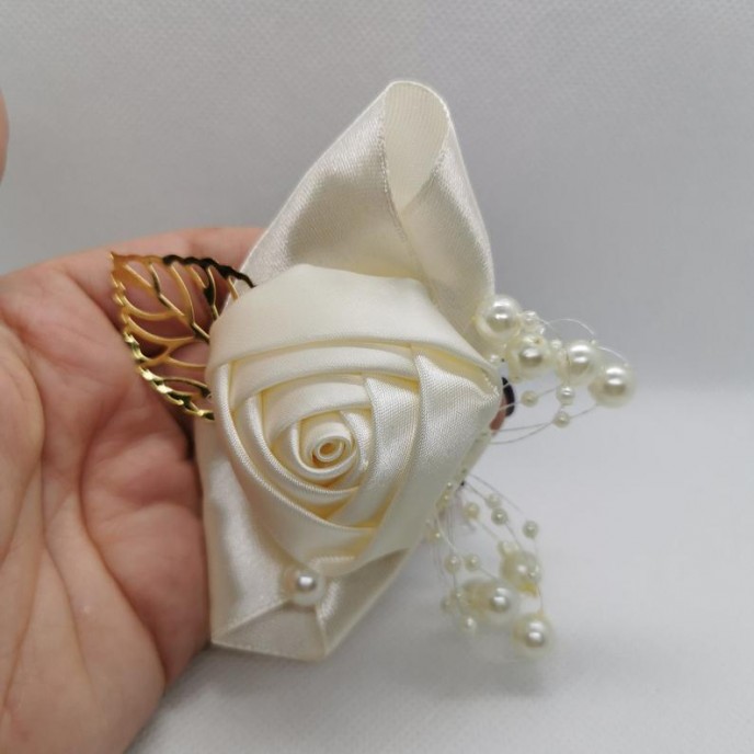 Wrist Corsage White Flower with Gold Leaf & Pearl Decoration