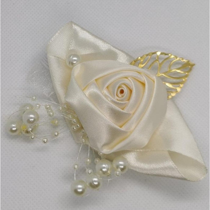 Wrist Corsage White Flower with Gold Leaf & Pearl Decoration