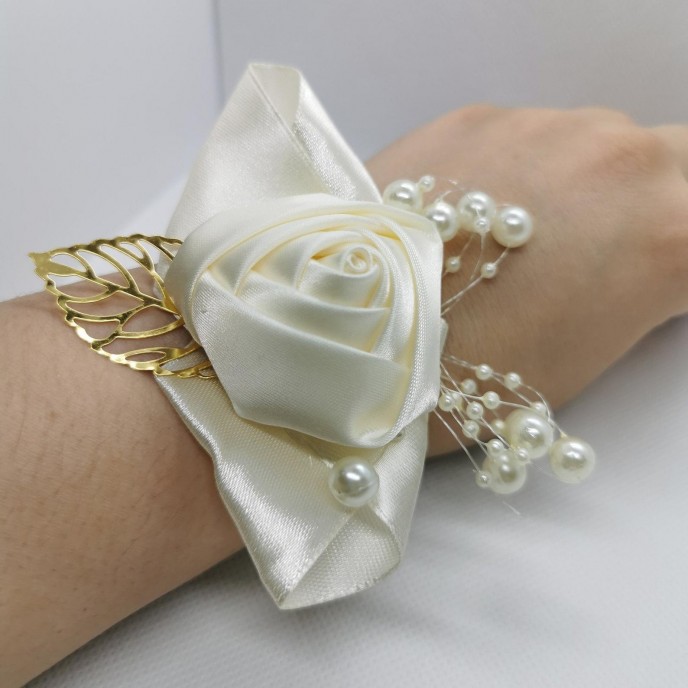Wrist Corsage White Flower with Gold Leaf & Pearl Decoration