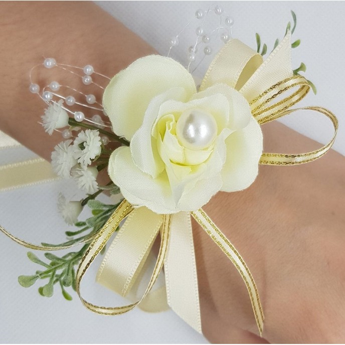 Wrist Corsage Rose Fabric Flower & Artificial Leaves with Satin Ribbon