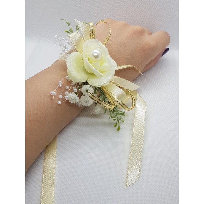 Wrist Corsage Rose Fabric Flower & Artificial Leaves with Satin Ribbon