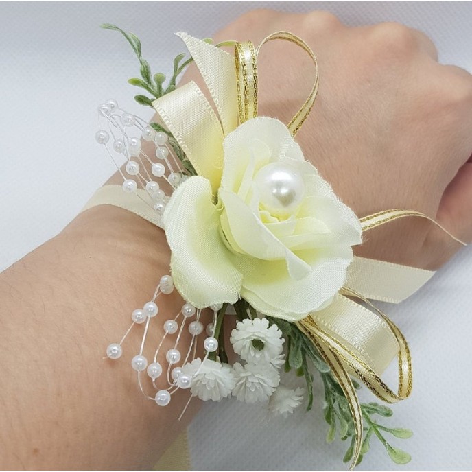 Wrist Corsage Rose Fabric Flower & Artificial Leaves with Satin Ribbon