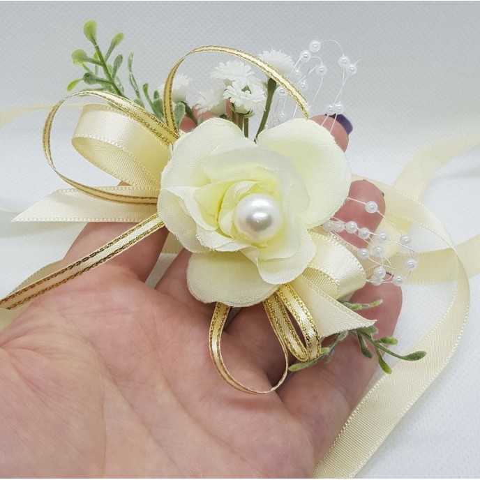 Wrist Corsage Rose Fabric Flower & Artificial Leaves with Satin Ribbon