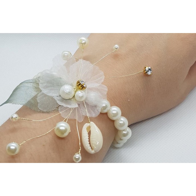 Wrist Corsage Green Leaf Rhinestone Flower with Pearl Bracelet