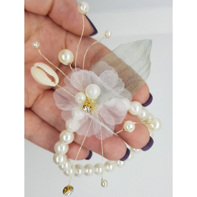 Wrist Corsage Green Leaf Rhinestone Flower with Pearl Bracelet