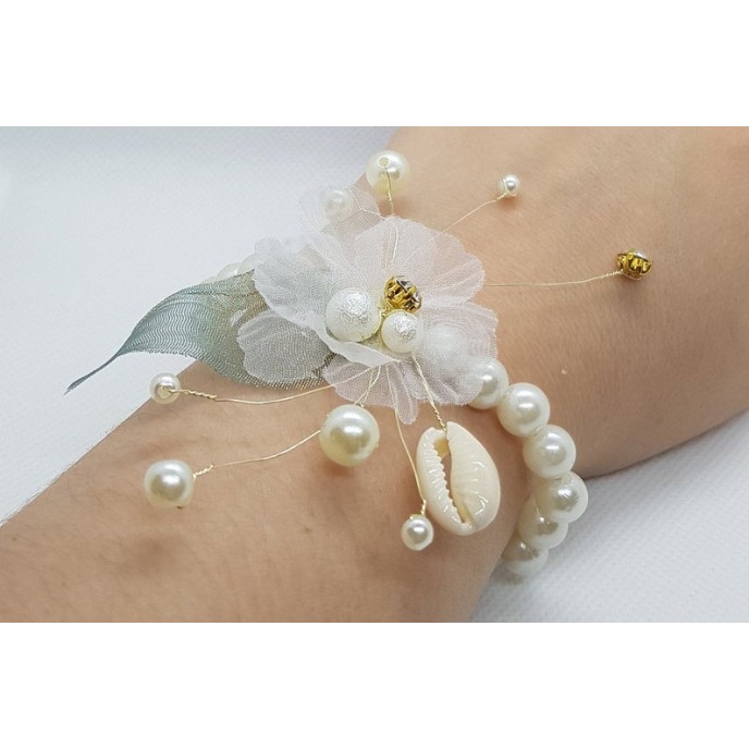 Wrist Corsage Green Leaf Rhinestone Flower with Pearl Bracelet