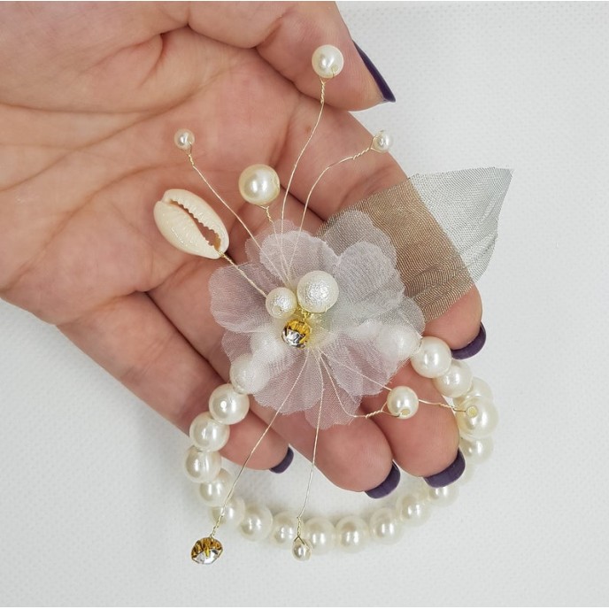 Wrist Corsage Green Leaf Rhinestone Flower with Pearl Bracelet