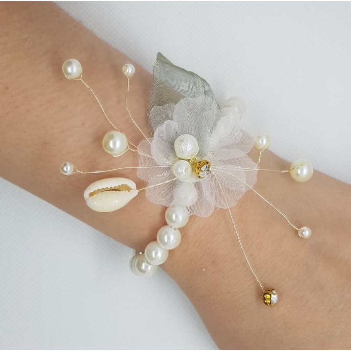 Wrist Corsage Green Leaf Rhinestone Flower with Pearl Bracelet